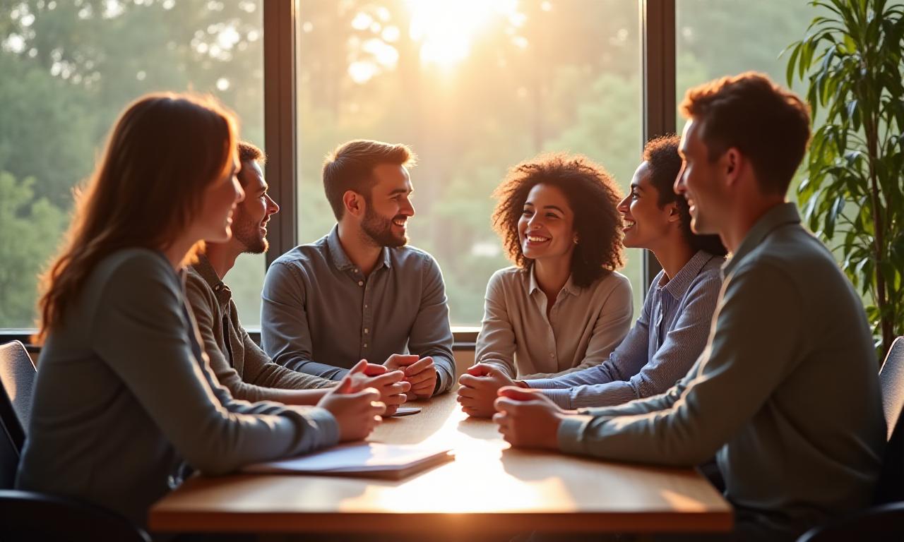 Diverse team members engaging in a supportive workplace discussion